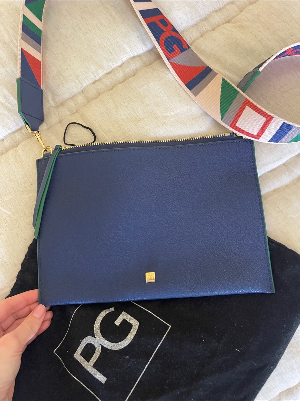 PG Navy Leather Crossbody with Multicolor Logo Strap - Picture 2 of 5